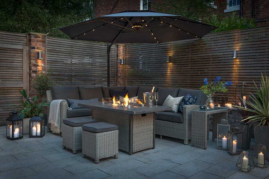 Kettler Palmer corner dining set with parasol and fire pit